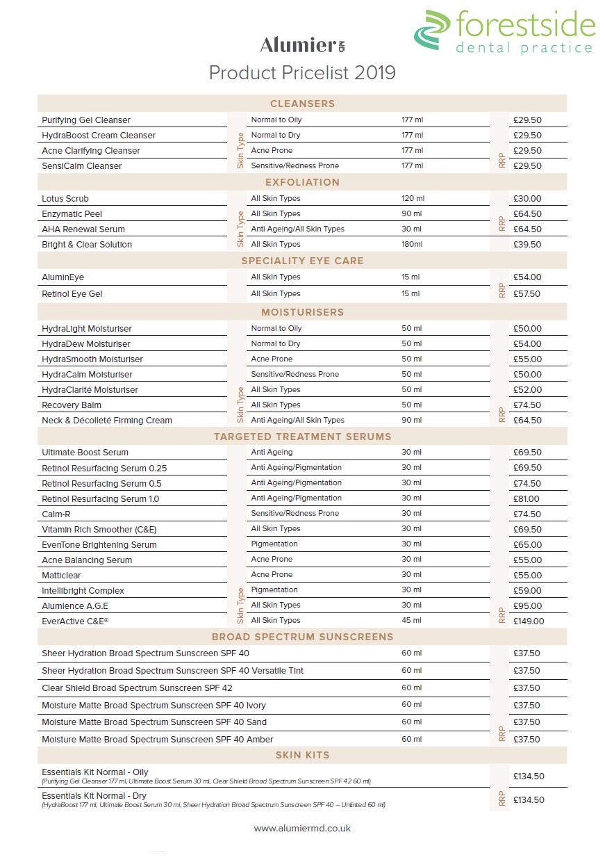 Alumier Pricelist chemical peels new forest